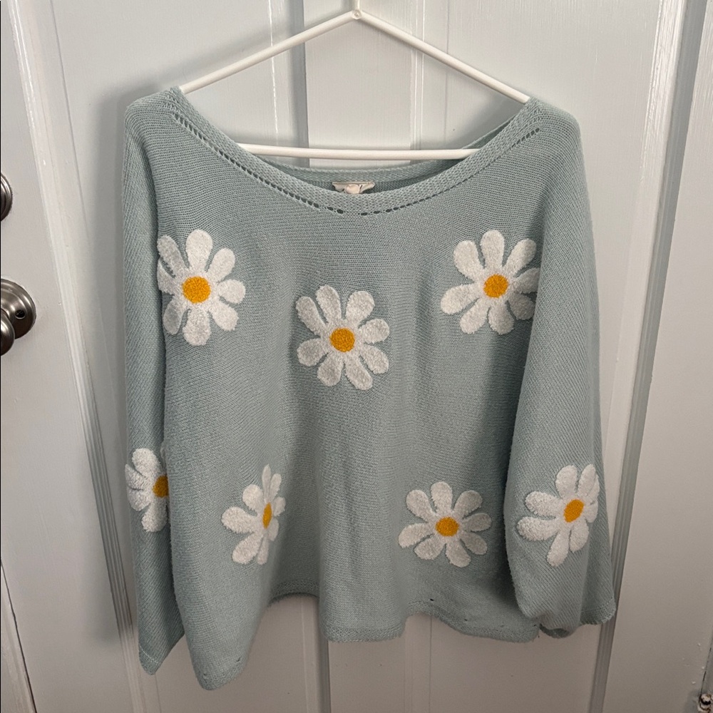 Floral Knit Sweater in Blue with Daisy Pattern